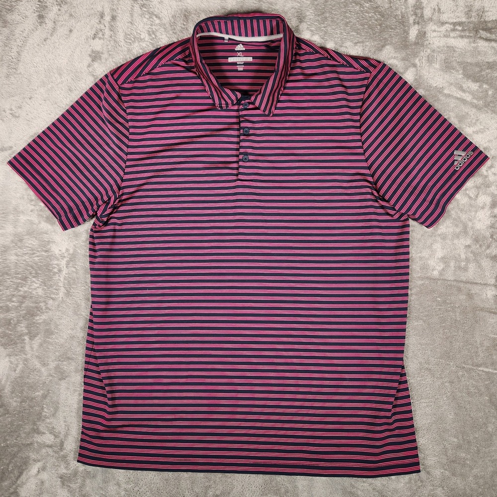 Adidas Polo Mens XL DQ1310 Navy Pink Striped Short Sleeve Golf EUC